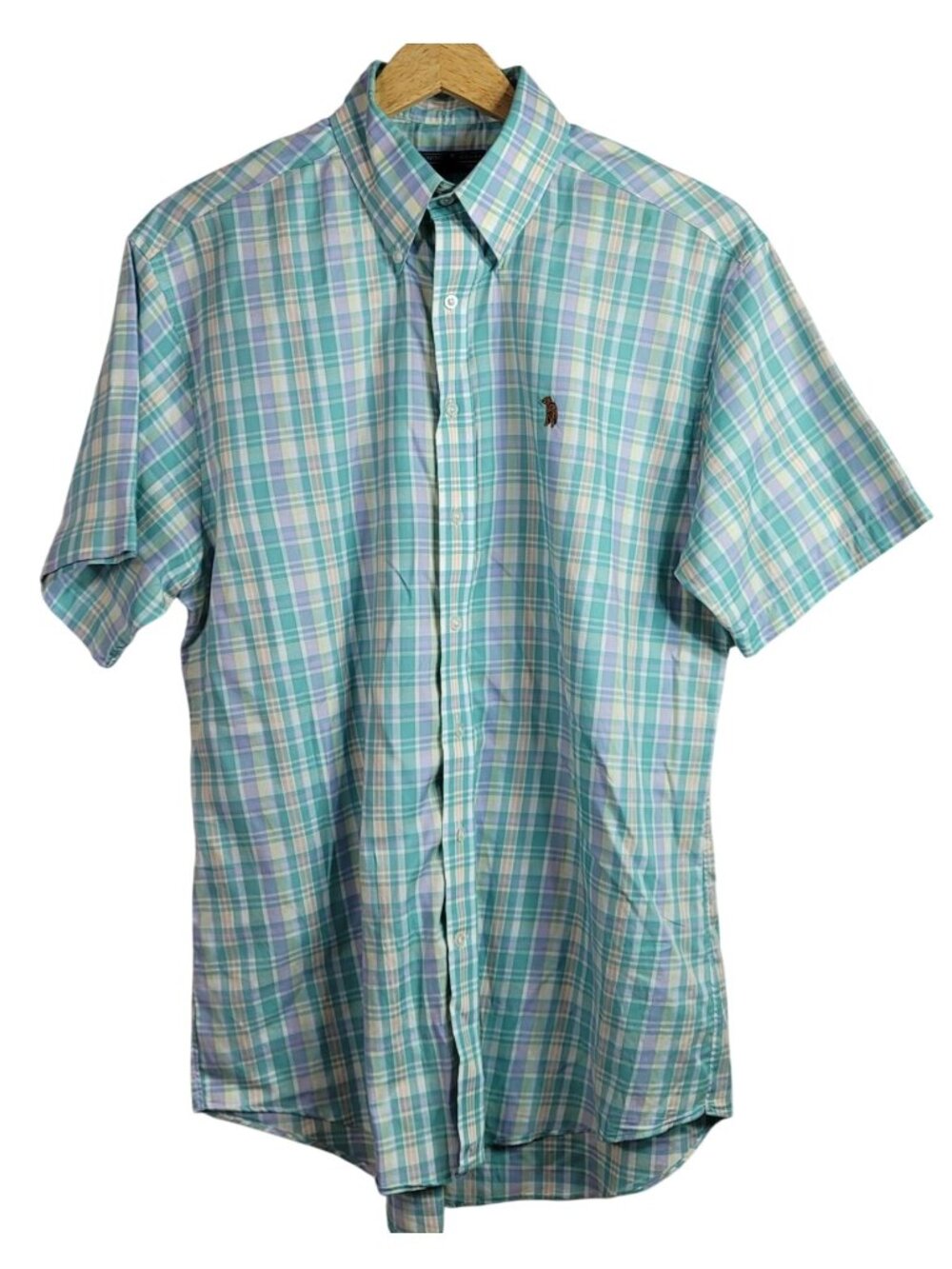 Southern Casanova Mens Button Down Shirt Green Purple Medium Short Sleeves Plaid